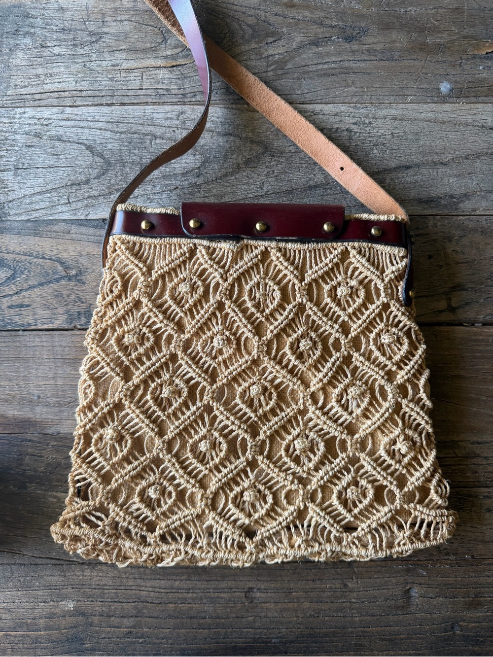 Woven Straw Crossbody Bag with Burgundy Leather Trim and a Brass Horse - Picture 6 of 8